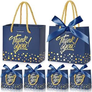 EQOREIIN Small Thank You Gift Bags 50pcs 5.5x2.5x4.7 Inches Small Gift Bags with Handles Bow Ribbon Blue Paper Bags for Party Favor, Mother's Day，Valentine's Day, Wedding, Baby Shower (Blue)