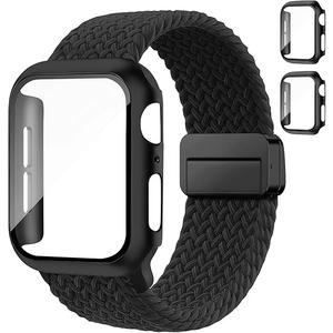 Braided Bands and Case for Apple Watch Bands for Women 40mm 44mm 46mm 42mm 45mm 41mm 38mm Men,Magnetic Nylon Sport Stretchy Solo Loop Elastic Strap with Cover for iWatch Series 11 10 9 8 7 6 5 4 3 SE, Black