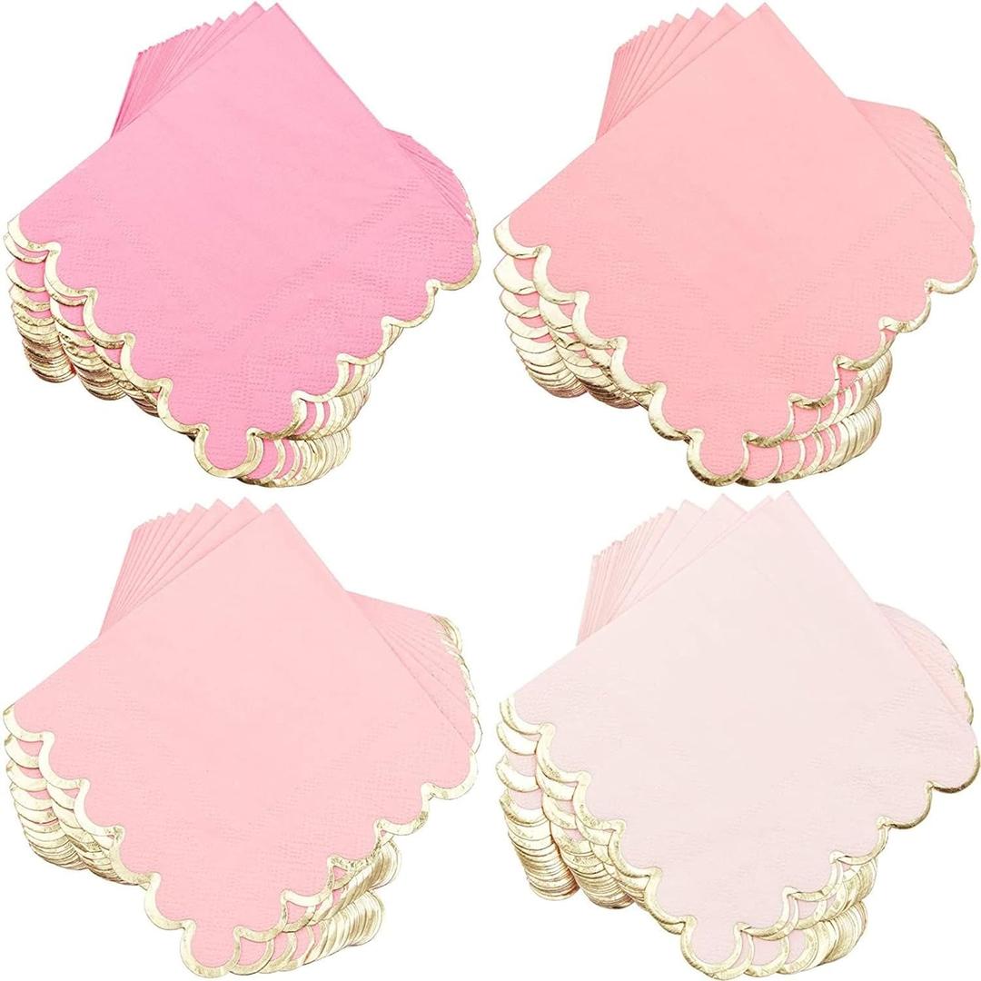 Sparkle and Bash Pink Cocktail Napkins - 5 x 5 In, 100 Count, 3-Ply Scalloped, Pink & Gold - Napkins for Baby Girl & Bridal Showers & Birthday Parties