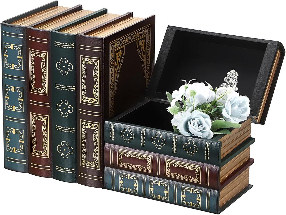 2 Pack Decorative Book Boxes, Wooden Vintage Book Shaped Trinket Box with Lid, Faux Stacked Hollow Books with Hidden Storage, Antique Container for Table Centerpiece, Bookshelf, Library Decor