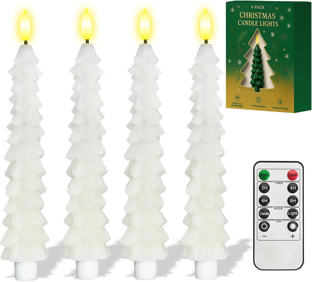 4 Pcs White Christmas Tree-Shaped Flameless Taper Candles with Remote and Timer, 9.8'' Real Wax LED Window Candlesticks, 3D Flame Wick Battery Operated Christmas Tree Candles for Holiday Decoration