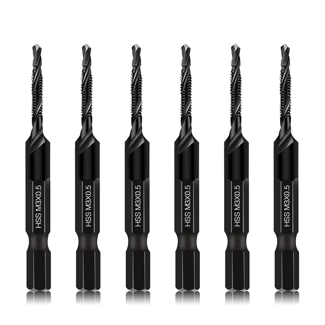DKIBBITH 6 Packs M3 Combination Drill & Taps Bit Set, Screw Tapping Threading Tools in Size M3*0.5 with Anti-Rust Black Coating, 1/4" Hex Shank and Storage Case