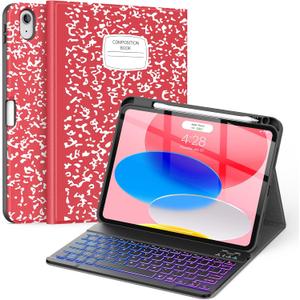 Supveco Keyboard Case for iPad (A16) 11th/10th Generation 11&10.9 Inch with Pencil Holder,7 Colors Backlit Wireless Detachable Folio Keyboard Cover for iPad 11th/10th Gen 2025/2022-Book Red