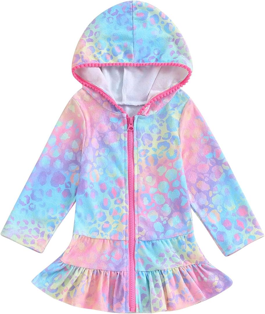 Mubineo Toddler Girl Long Sleeve Swimsuit Beach Dress Cute Cover Ups Ruffle Bathing Suit Cover Up Kimono Kids Swimwear (5-6 Years, Rainbow Mermaid)