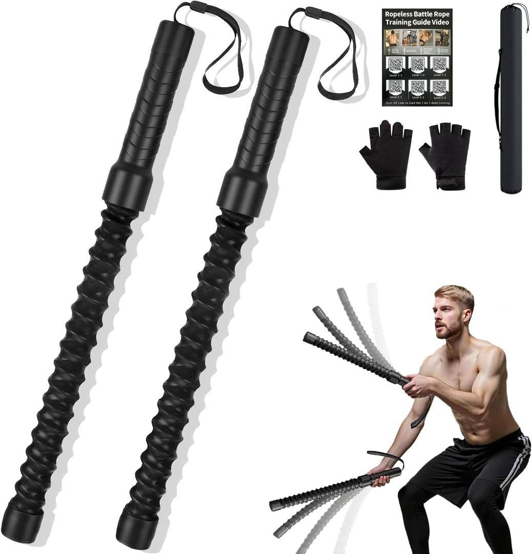 Ropeless Battle Ropes for HIIT Workouts, Cardio & Muscle Training, Low-Impact Cardio Training, Portable Cordless Home Gym Equipment for Men & Women with Non-Slip Gloves