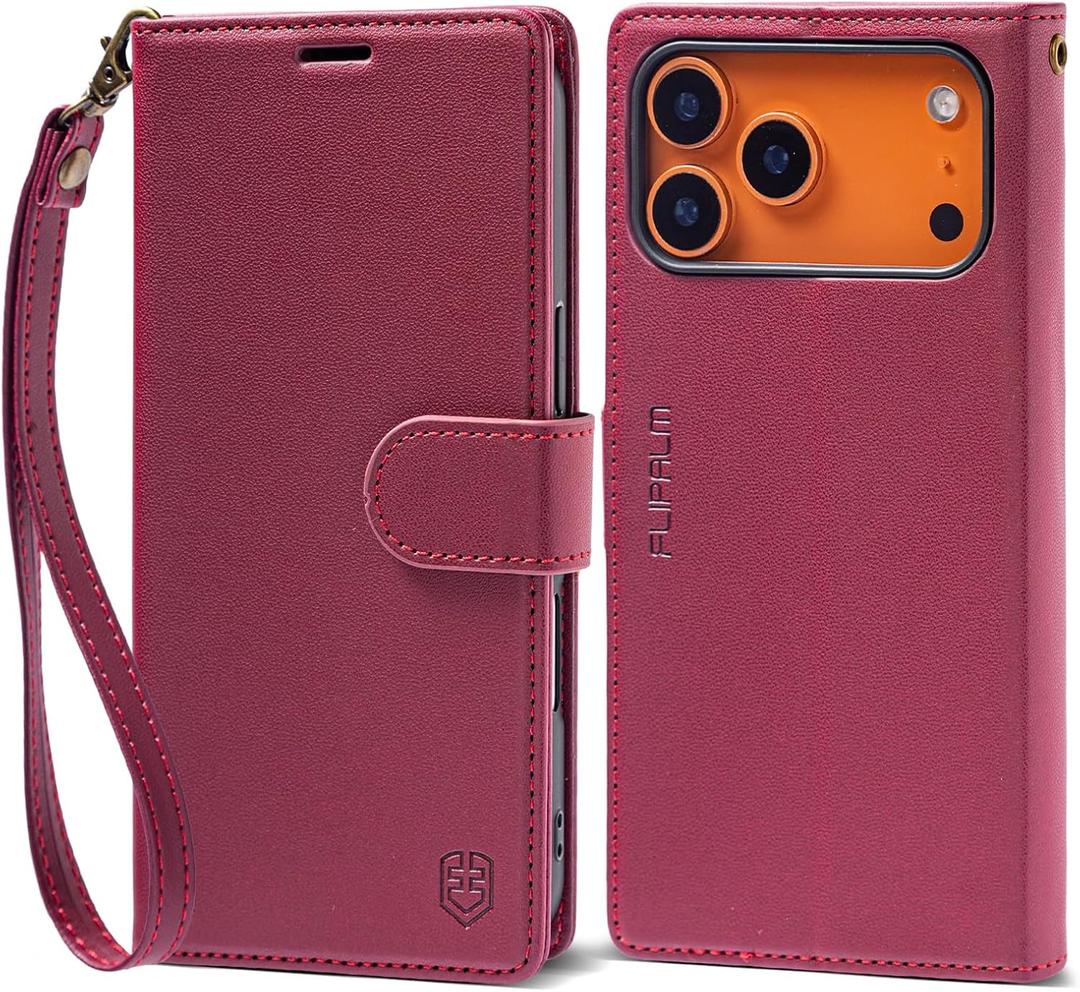 Wallet Case for iPhone 17 Series with Wrist Strap - PU Leather Folio Flip with Credit Card Holder & Kickstand, Protective Cover (Red, for iPhone 17 Pro Max)