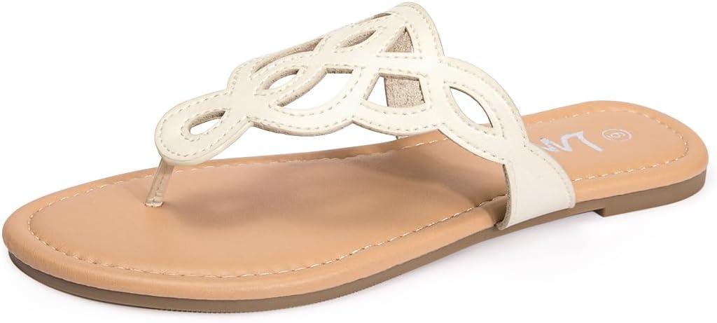LM Women's Thong Sandals T-Strap Sandals Slip On Flat Sandals Flip Flop Casual Summer Slide Sandals (Beige, L)