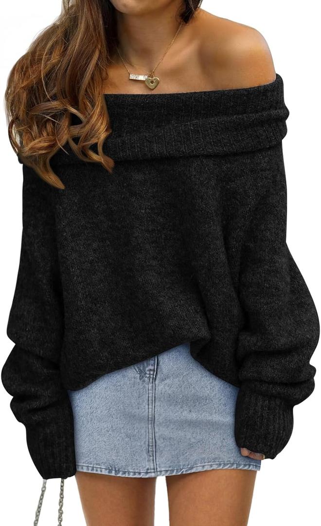 LILLUSORY Womens Off The Shoulder Sweater Oversized Batwing Sleeve Loose Pullover Sweaters Tops (X-Large, Black)