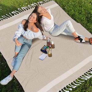 Jumbo Turkish Beach Towel Blanket Picnic Ourtdoor Mat Oversized Sandproof Fast Dry Thin Extra Large Xl Huge Linen Compact Organic Cotton Summer Vacation Gifts Travel Essential Cruise Ship Necessities (Giant Large 82'' x 90'', Beige)