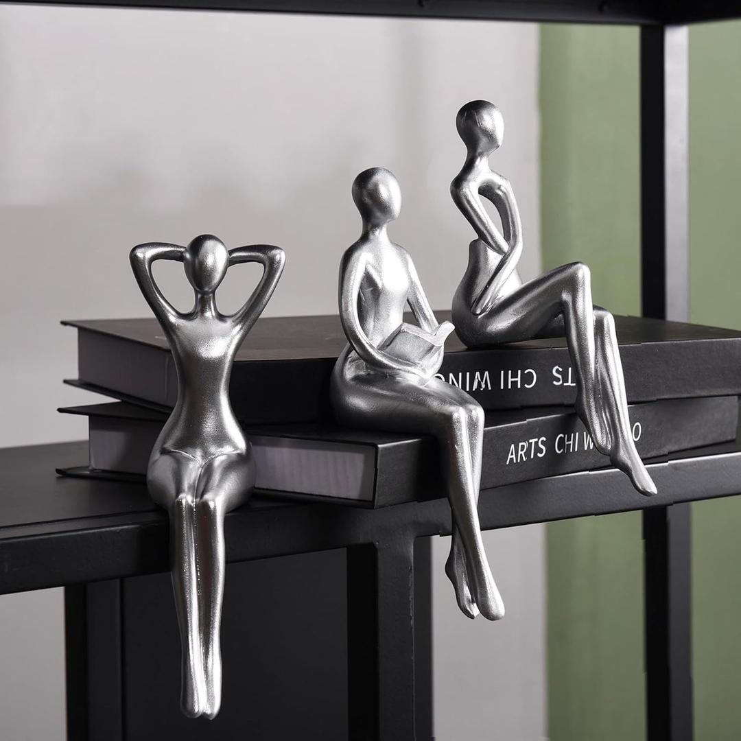 Quoowiit Thinker Statue Office Desk Decor, Silver Art Sculpture Ornament Coffee Table Bookshelf Decor Modern Home Unique Home Decorations for Living Room 3 Piece