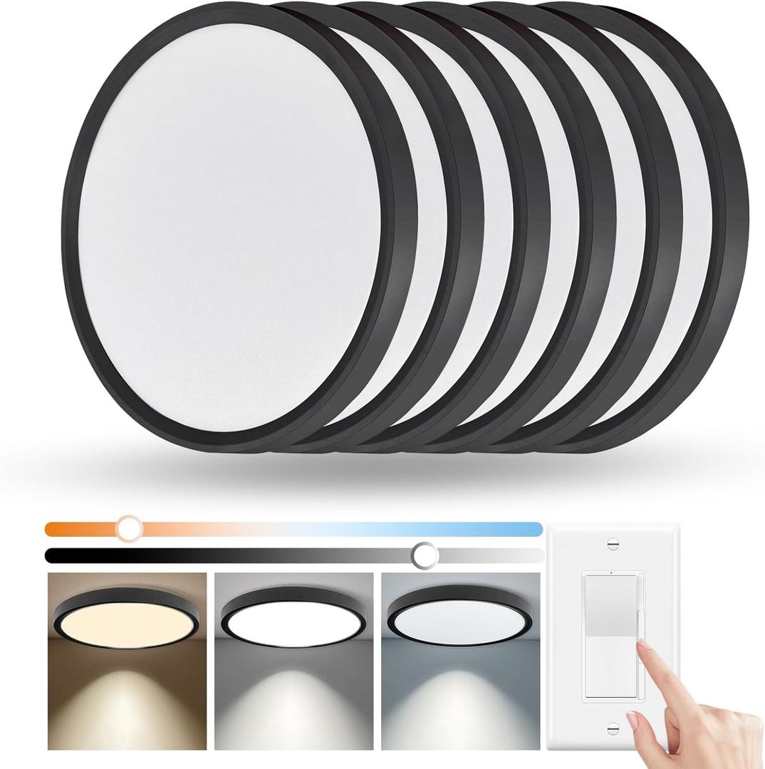 6 Pack 12 Inch Slim Dimmable LED Flush Mount Ceiling Light Fixtures, 24W 2640LM 3000K/4000K/5000K, House Upgrade Led Lights for Bedroom Hallway Laundry Room Rental Units, 240W Equiv., Black