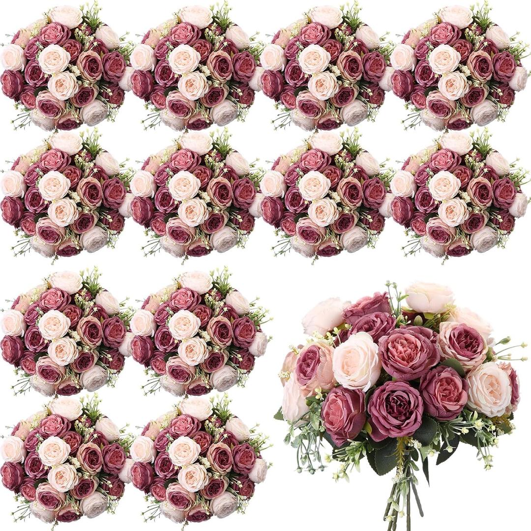 Geosar 24 Bundles Artificial Peonies Flowers Fake Silk Peony Bouquet Faux Peonies Flowers Bulk for Decoration Vase Floral Arrangements Wedding Party Table (Dusty Pink,Dusty Rose)