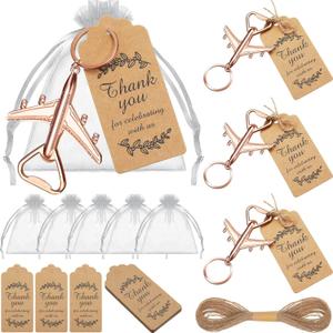 Honeydak 20 Set Airplane Bottle Opener Keychains with White Sheer Favor Bag Thank You Card Tags for Wedding Favor Baby Shower Return Presents Travel Theme Party Let the Adventure Begin