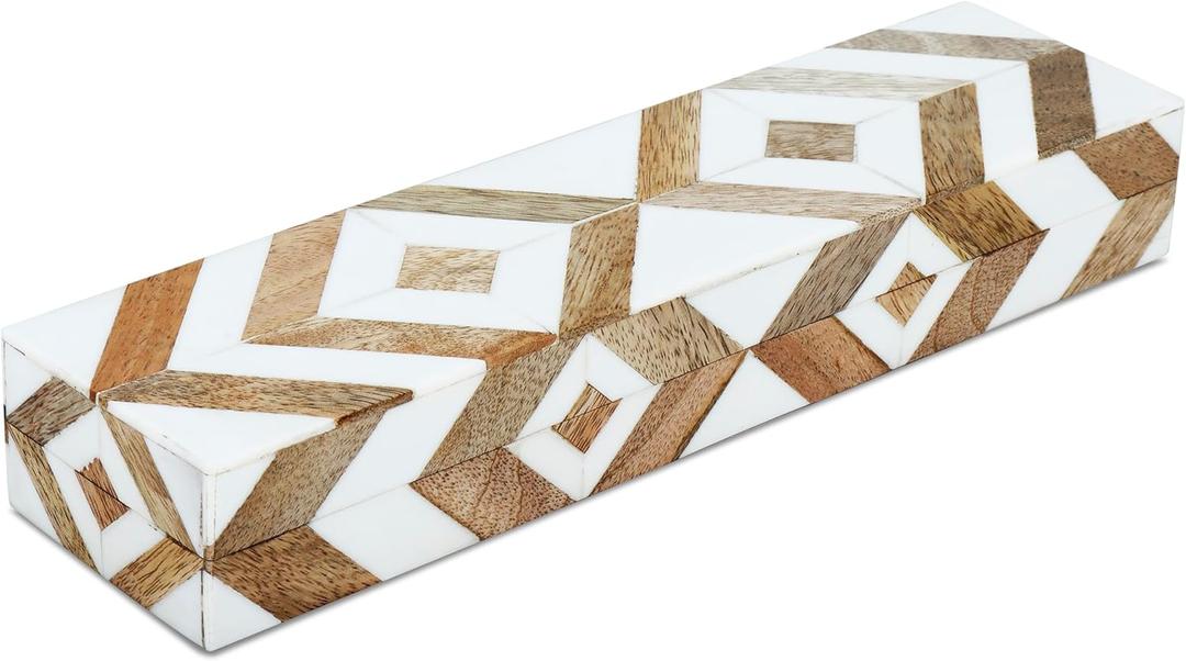 Handicrafts Home White Decorative Storage Box with Lid Wood Entryway Organizer Key Holder Box Console Table Storage for Hallway  Resin Inlay Marquet Array Collection- 10x2.5x1.5
