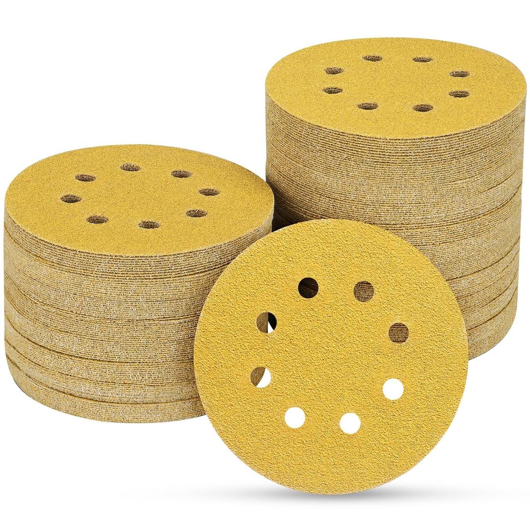 80PCS 5 Inch 8 Hole Sanding Discs 40 Grit,Gold Round Hook and Loop Sandpaper for Random Orbital Sander
