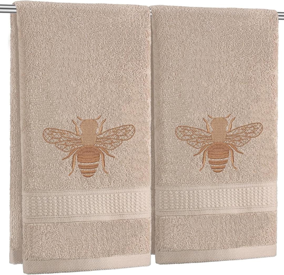 2 Pcs Bee Hand Towels Brown Bathroom Decor 14x29 Inch Embroidered 100% Cotton Soft Absorbent Spring Summer Decorative Hand Towels for Bathroom Kitchen