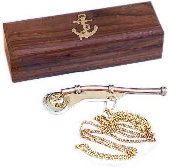Solid Brass/Copper Boatswain (Bosun) Whistle with Rosewood Box 5" Brass Rustic Vintage Home Decor Gifts