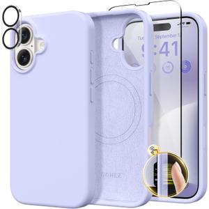 GONEZ Magnetic for iPhone 16 Case, Compatible with MagSafe, [Screen Protector + Camera Lens Protector], Liquid Silicone Shockproof Protective Phone Case for iPhone 16 6.1", Lilac