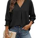 Cuffbow Women Blouses Dressy Casual V Neck 3/4 Length Sleeve Tops Business Work Blouses Office Tunic Shirt with Smocked Cuffs(Black,Medium) (Black, M)