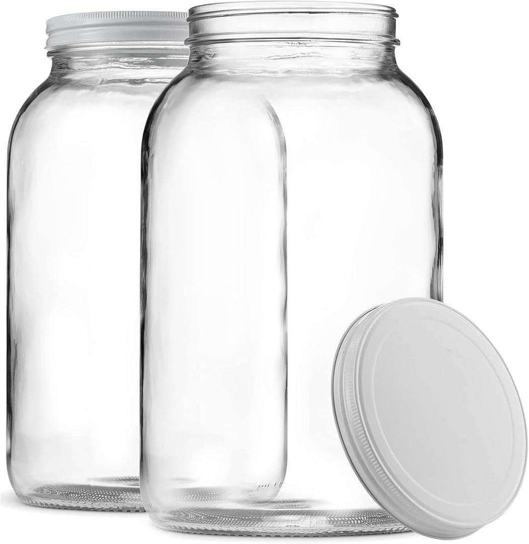 1 Gallon Glass Jar With Lid  2 Pack Large Glass Jar With Airtight Metal Lids - USDA Approved BPA-Free Dishwasher Safe, Wide Mouth Sun Tea Jar, Gallon Mason Jar for Storage, Fermenting, And Brewing