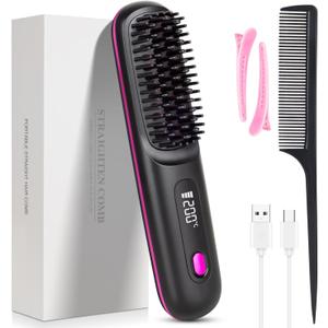 Go Brush Pro, 2026 Cordless Hair Straightener Brush 3 Adjustable Temperature Portable USB Charging Straightener Suitable for All Hair Types (Light Black)