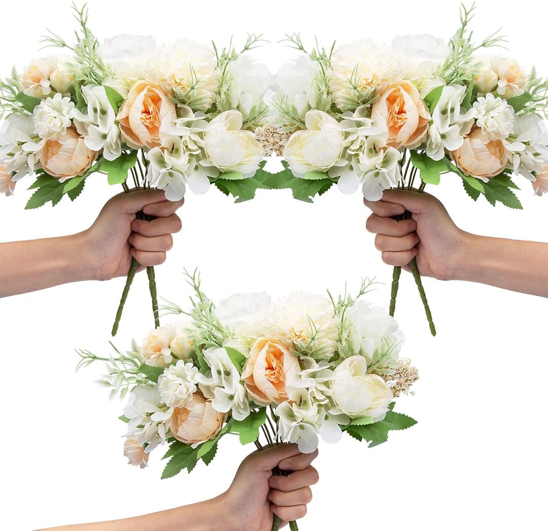 LAWOHO 6 Pack Artificial Flowers Fake Faux Peony Silk Carnations Hydrangea Daisy Realistic Flower Bouquets Arrangements for Wedding Decoration Plastic Floral Table Centerpieces Decor(White)