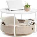 VASAGLE Coffee Table with Storage, Round Center Table for Living Room with Fabric Basket, Modern Style, Metal Frame, Matte White and Camel Brown ULCT244W10