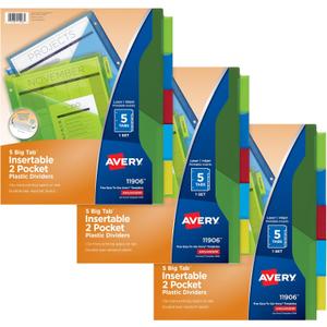 Avery Dividers for 3 Ring Binders, 5-Tab Sets, Two-Pocket Plastic Binder Dividers with Tabs, Multicolor, 3 Sets (71906)