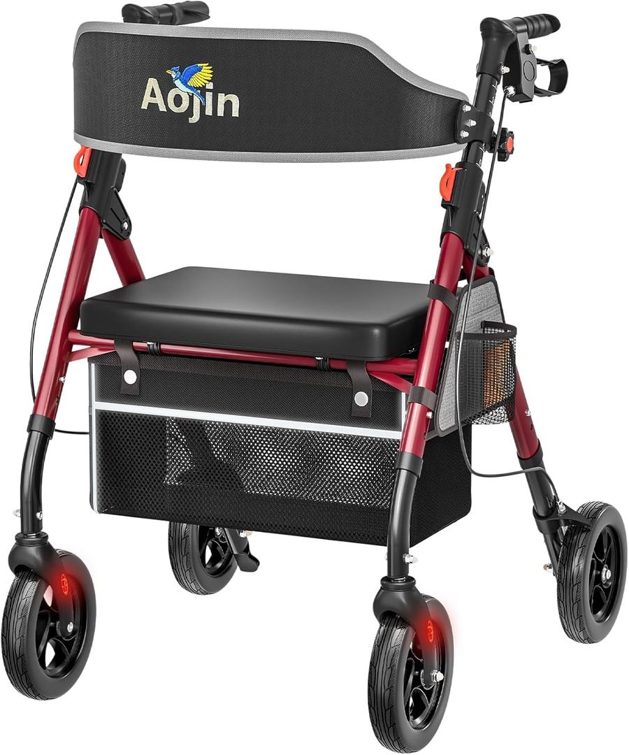 Lightweight Foldable Rollator Walkers with Seat for Seniors, 350 lb Capacity, 8'' Wheels, 17.7" Big Seat, 6-Position Adjustable Height, Ultralight Aluminum Frame Rolling Walker (Red)