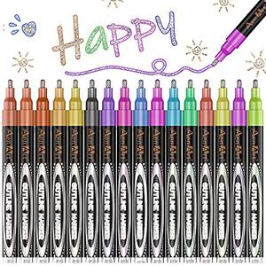Aen Art Double Line Markers Outline Pens, Squiggles Shimmer Outline Marker Set, 16 Colors Doodle Shimmer Pen for Drawing, Making Card, Craft Project