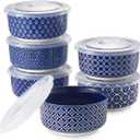 DOWAN Ramekins 8 oz Oven Safe with Lids for Creme Brulee Souffle, Ceramic Custard Cups for Baking, Dipping Bowls Condiment Sauce Cups, Set of 6, Vintage Blue