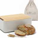 LIBKEN Bread Box  Extra Thick Steel Bin with Bamboo Cutting Board Lid & Drawstring Bag - Modern Scandinavian Metal Box for Kitchen Countertop, Sourdough & Homemade Bread - Warm Grey