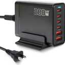 200W USB C Charger, GaN  PD 100W 6-Port Charging Station for Multiple Devices, Portable Laptop Fast Charging, Adapter for iPad iPhone 17 16 15 14 13 12, MacBook Pro Galaxy, 5ft Cord