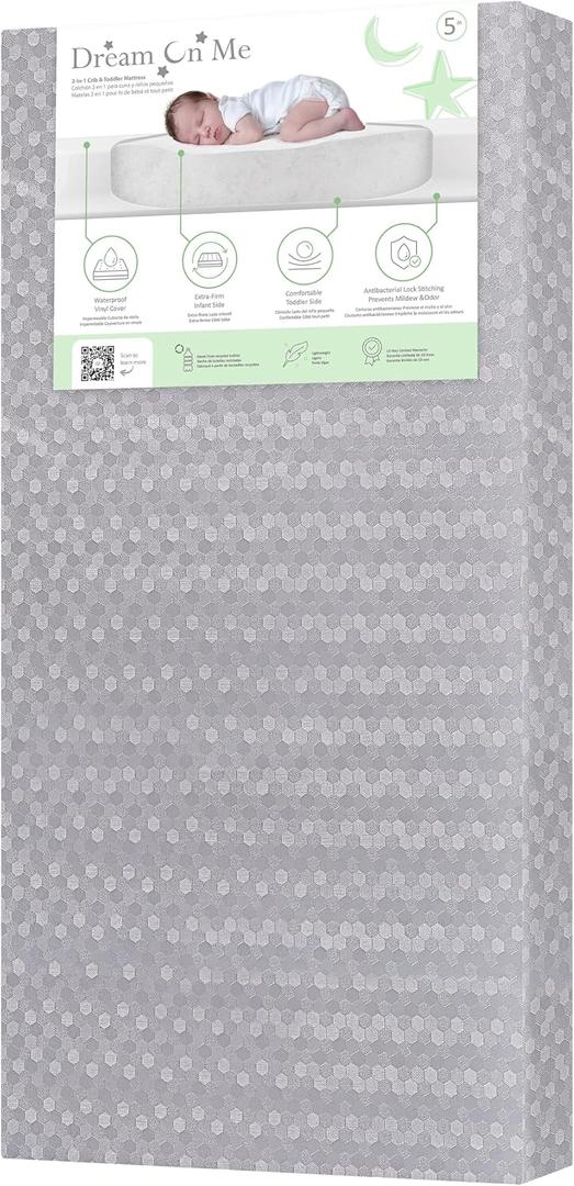Dream On Me Little Lullaby 2-in-1 Crib Mattress, Dual-Sided for Infants & Toddlers, Waterproof Cover, GREENGUARD Gold Certified, Fits Full Size Crib & Toddler Bed, 52 x 28 x 5