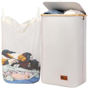 DOFASAYI 110L Laundry Hamper with Lid - Clothes Hamper with Removable Laundry Bag and Bamboo Handles, Foldable Laundry basket for Laundry Room, Bathroom, Bedroom, Beige