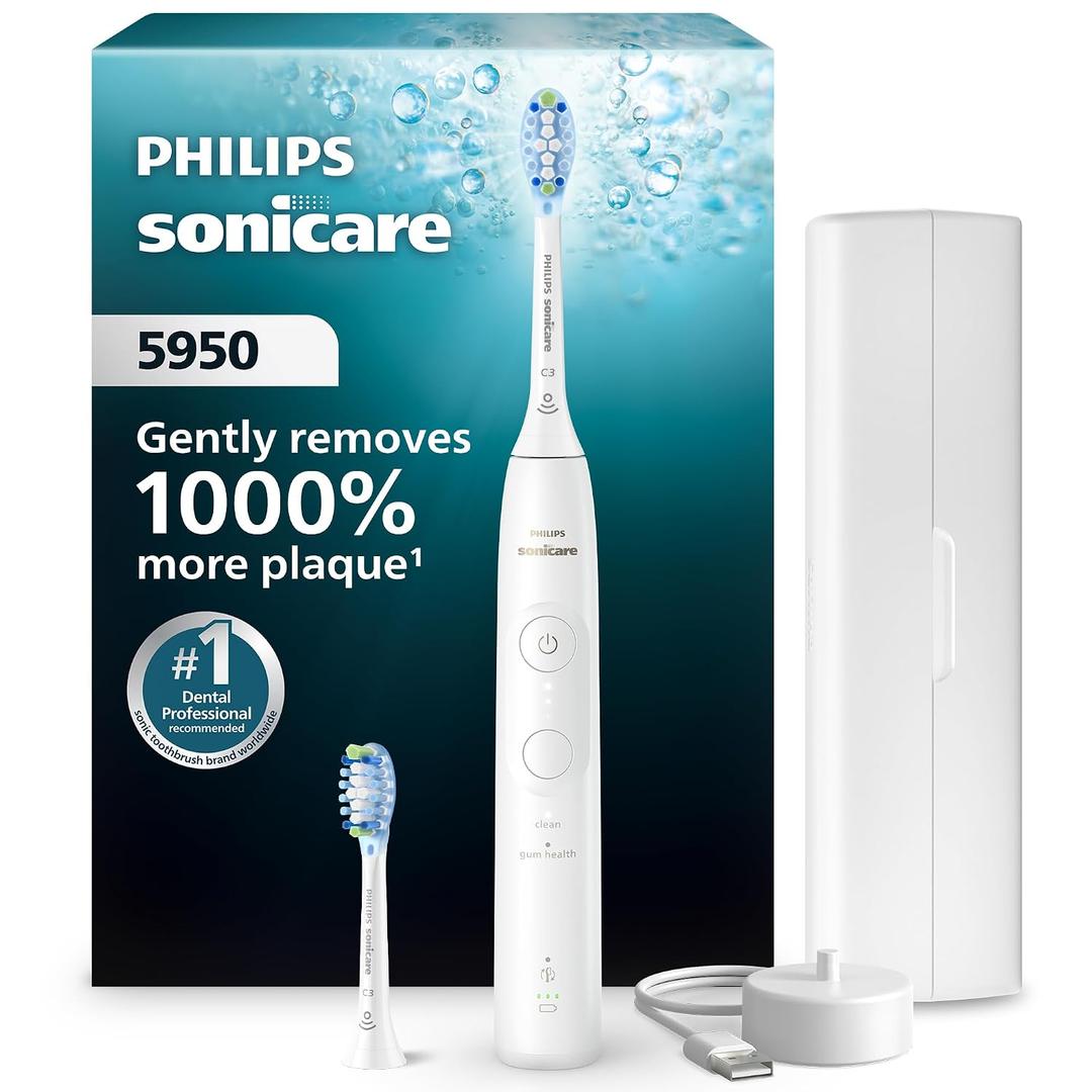 Philips Sonicare 5950 Series Electric Toothbrush with Pressure Sensor, 6 Brushing Settings, SmarTimer, BrushPacer, 21-Day Runtime, Travel Case, White, HX7130/03