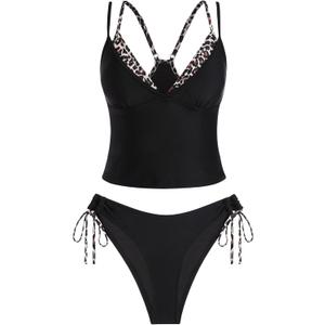 ZAFUL Women Double Layer Tankini Set V Neck Color Block Swimsuit Side Tie Two Piece Bathing Suit L