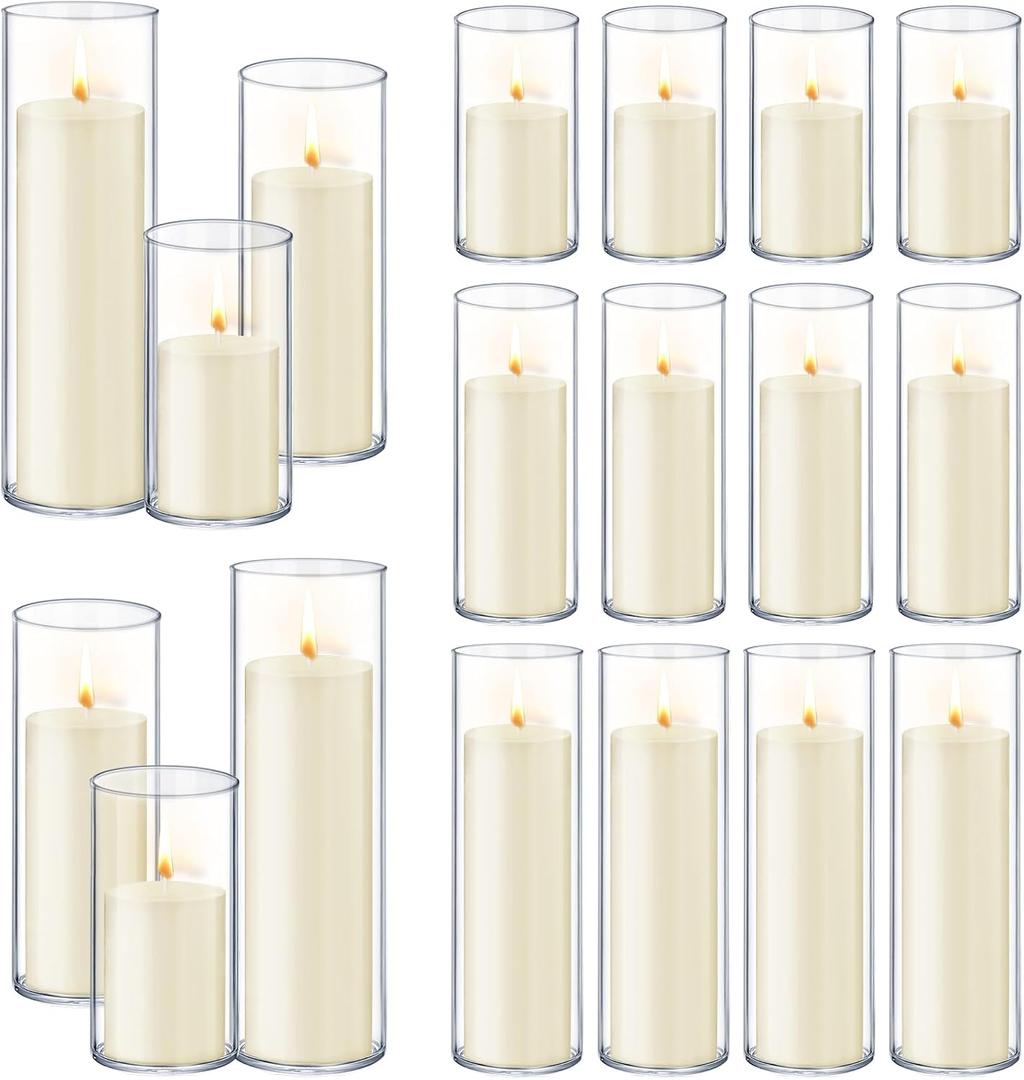 36 PCS Ivory White Pillar Candles with Glass Candle Holders Clear Hurricane Candle Holders Glass Cylinder Vases for Centerpieces Wedding Party, Event, Home Office (18 Candles+18 Candle Hoders)