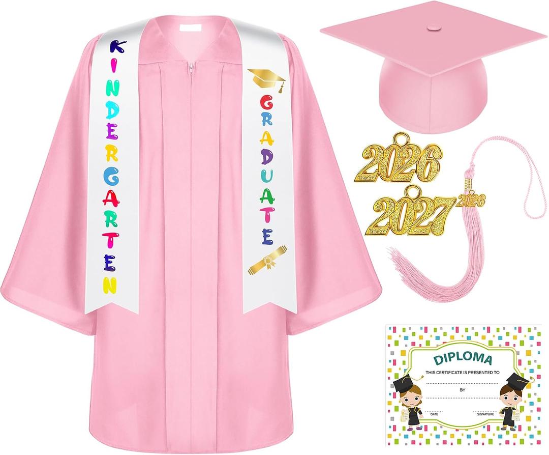 Lasnten Matte Kindergarten Graduation Gown Cap Tassel Set with 2026/2027 Charm Stole Accessories for Kids Grad Gift (Pink, XS)