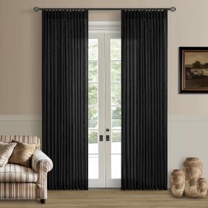 TWODRAPES Black Pinch Pleated Linen Curtains 80 Inches Long for Living Room Bedroom Light Filtering Boho Window Drape 80 Inch 2 Panels with Hooks Rings Back Tab Sliding Glass Door Semi Sheer Curtain