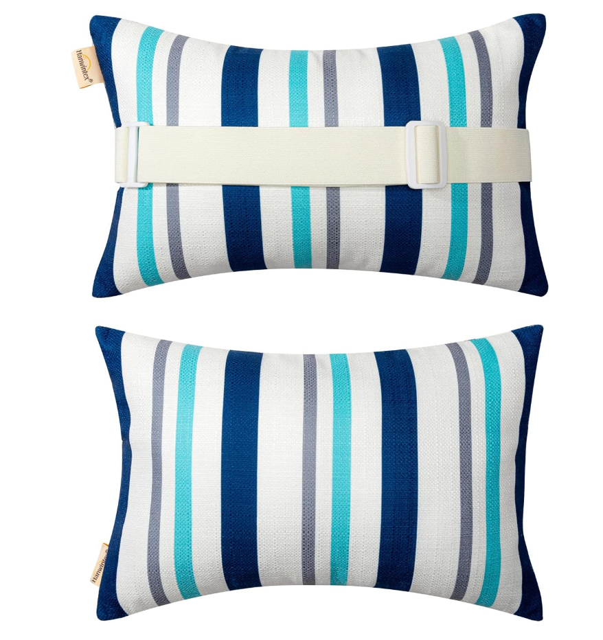 Chaise Lounge Head Resting Pillows, Blue Decorative Oudoor Patio Pillow with Insert & Adjustable Elastic Stripe for Recliner,Beach Chair,Office Chair Neck or Lumbar Attachment,Waterproof 2 Pack