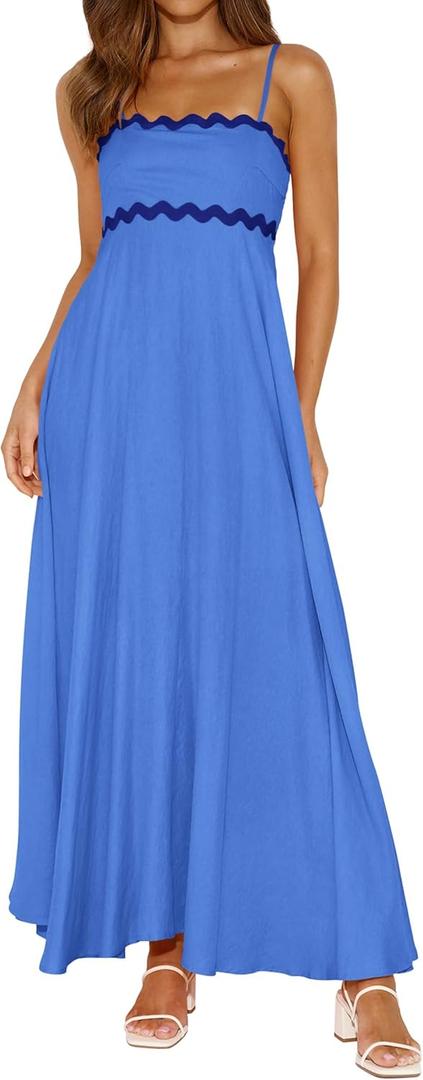 PRETTYGARDEN Womens Spaghetti Strap Maxi Dresses 2026 Summer Casual Sleeveless Smocked Boho A Line Long Flowy Beach Sundress(Blue,XX-Large)