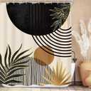 KOMLLEX Mid Century Black Gold Boho Shower Curtain 60Wx72L Inches Abstract Modern Green Shower Curtains for Bathroom Plant Botanical Minimalist Arch Sun Fabric Liner Waterproof Polyester 12 Pack Hooks