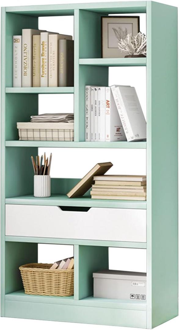 IOTXY 51" Tall Open Shelf Bookcase with 7 Cubes and a Drawer, Green
Fits Books, Decor, Toys, Storage Cabinet Organizer, Anti-Tip Hardware Prevents Tipping, For Living Room and Bedroom
