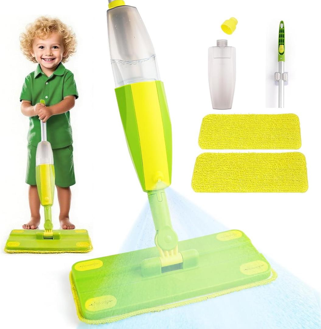 Kids Spray Mop, Fun & Functional Toddler Mop Cleaning Set,Real Working Mini Mop, Pretend Play Toy Includes Spray Bottle,Washable Microfiber Pads, Montessori Kids Cleaning Toy Set -Green