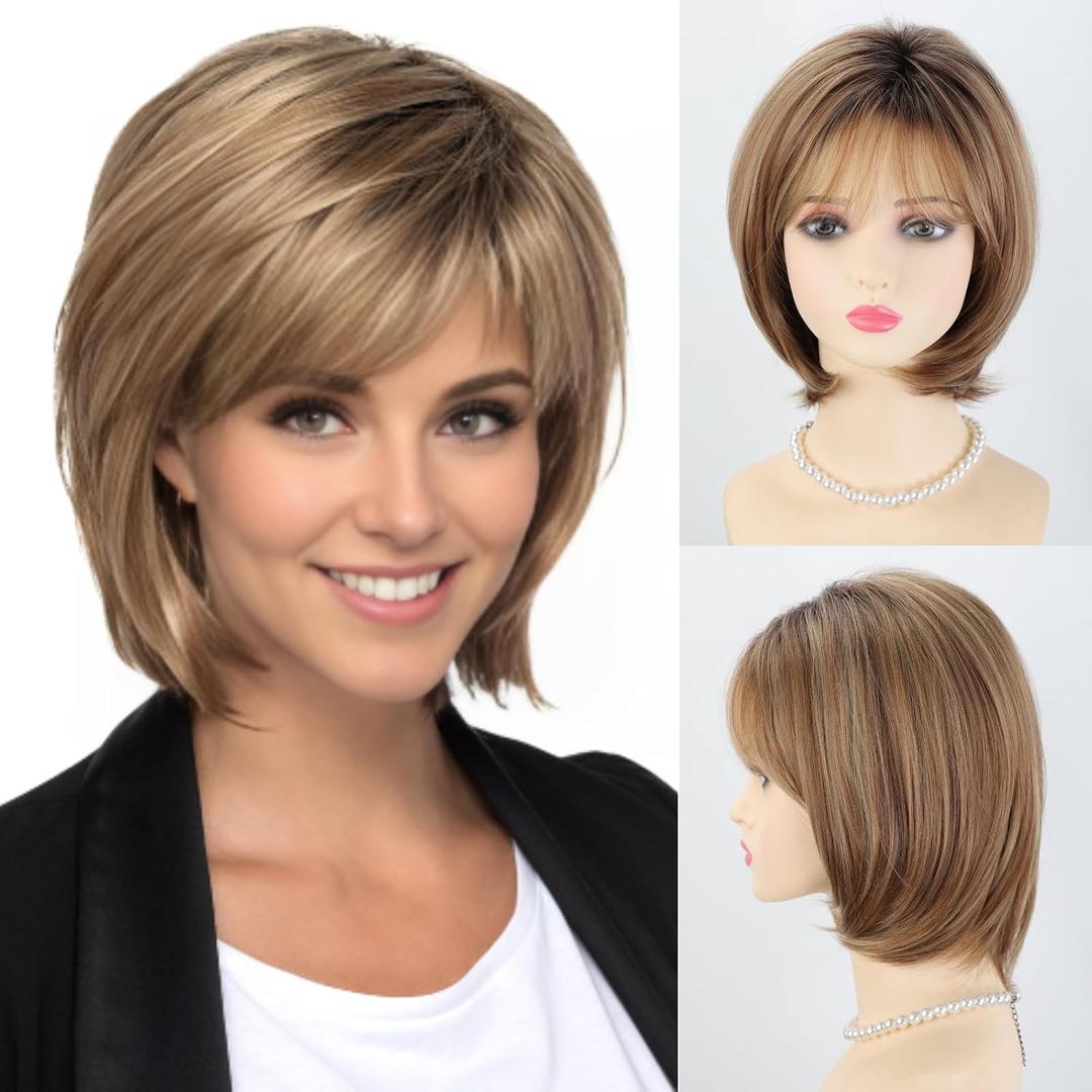 RENERSHOW Ombre Blonde Highlight Short Wigs for Women Mixed Blonde Layered Short Hair Wig with Bangs Cute Natural Synthetic Wig