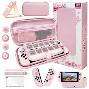 Pink Travel Carrying Case Accessories Kit Compatible with Nintendo Switch OLED. Pink Switch OLED Hard Protective Cover, Adjustable Stand, Screen Protector & Cute Thumb Grips 10 in 1 Gift.