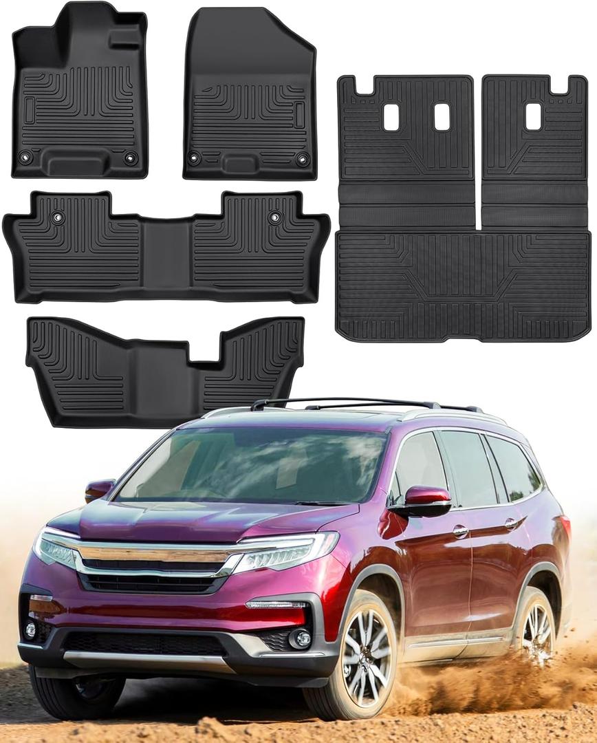 All Weather Floor Mats for Honda Pilot 2016-2022 (Only for 8 Seater), Front 2nd 3 Row Backseat Floor Liners & Trunk Mats Custom Fit for LE/EX/EXL/Touring, Heavy Duty Car Black Accessories