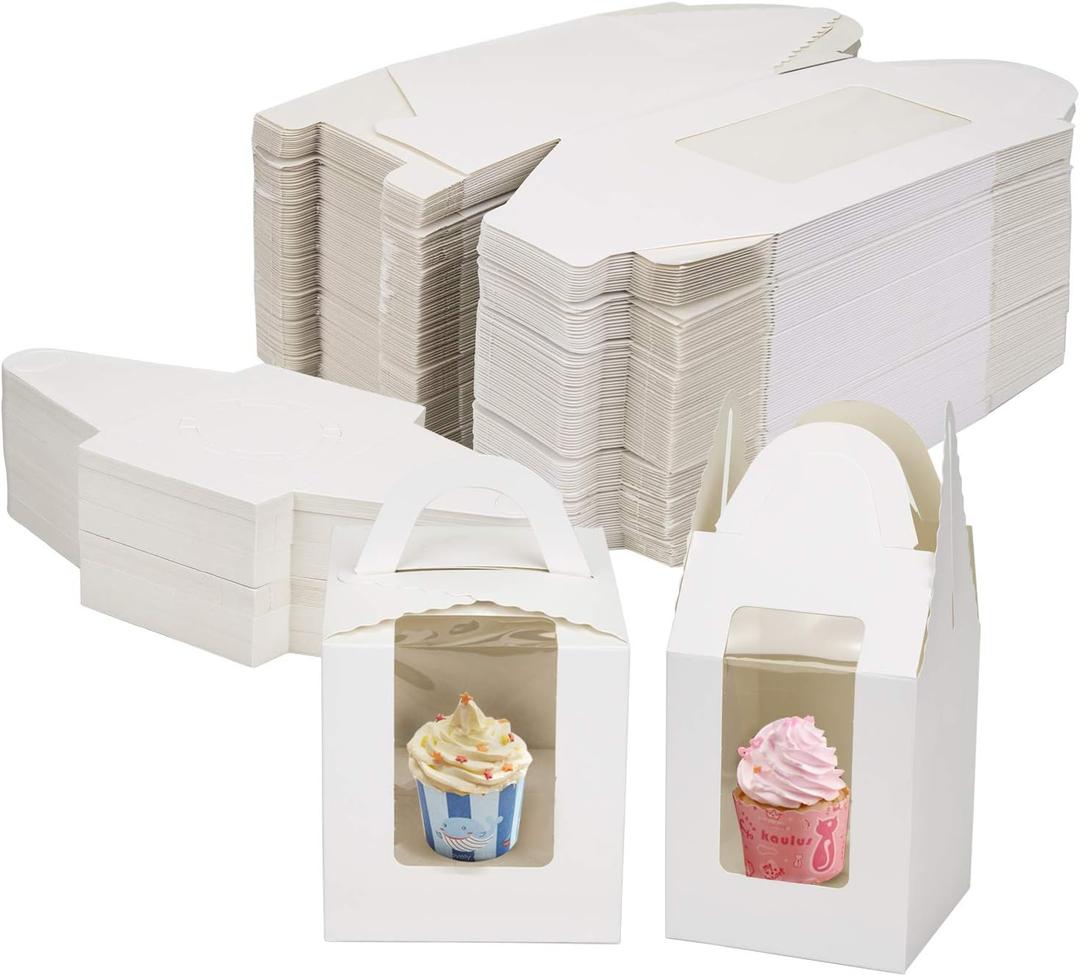 Jucoan 100 Pack White Single Cupcake Boxes, Kraft Paper Individual Cupcake Container with Window Insert Handle, Portable Bakery Containers for Small Cake, Muffins, Birthday Wedding Baby Shower Party