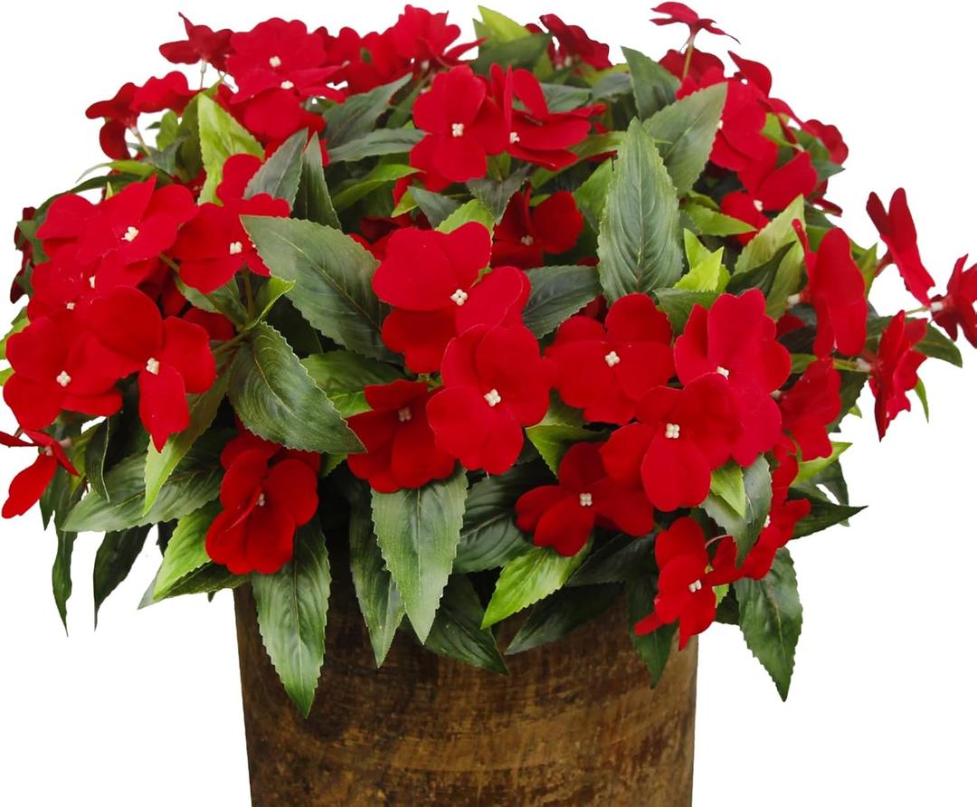 8 Pcs Artificial Impatiens Flowers for Outdoors Faux Impatiens Bushes Red Silk Flowers Greenery Artificial Impatiens for Outdoors Patio Lawn Garden Balcony Pot Hanging Basket Porch Decoration